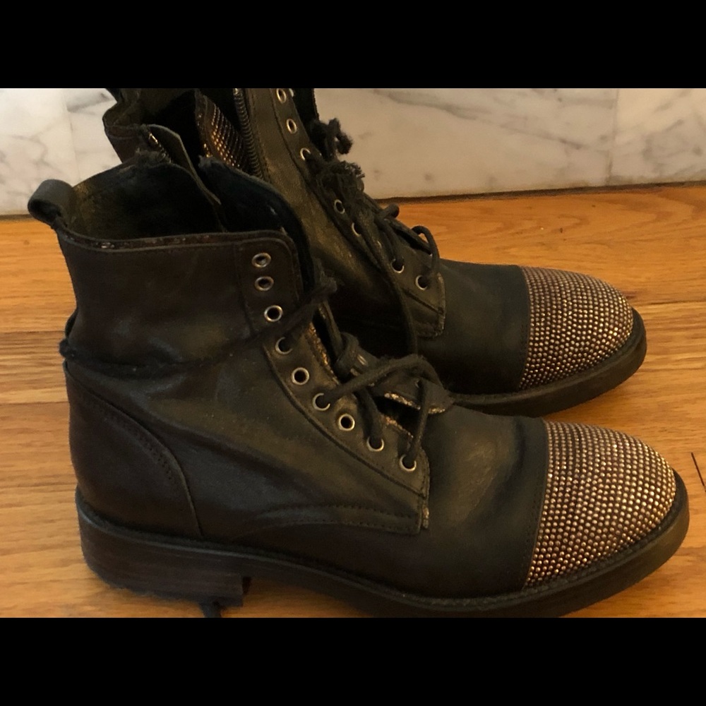 Black lace up boots with rhinestone toe